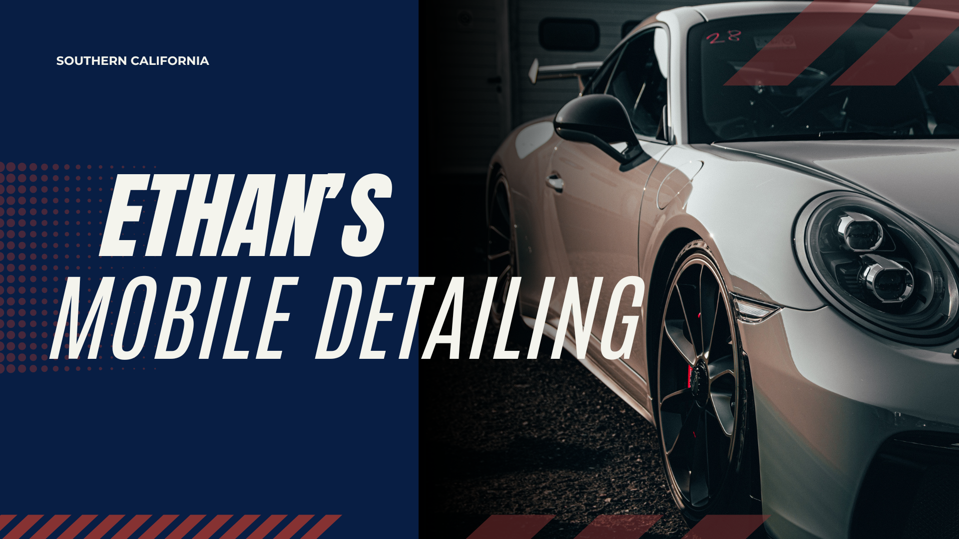 Ethan’s Mobile Detailing logo over a sleek, freshly detailed white Porsche, showcasing a high-gloss finish and premium car care in Southern California.